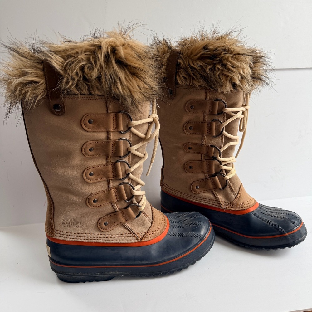 SOREL Joan of Arctic Womens 8 Waterproof Suede Faux Fur Snow Boots Tan